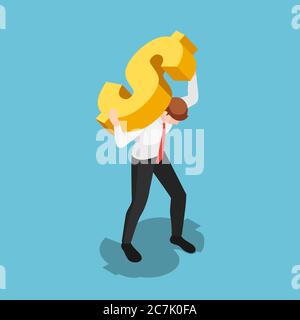 Flat 3d isometric businessman carrying golden dollar sign. Financial crisis and leadership concept. Stock Vector