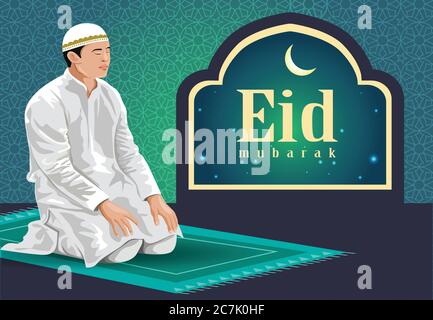 Hand drawn sketch of Muslim man praying with calligraphy of Eid Mubarak illustration. Stock Vector