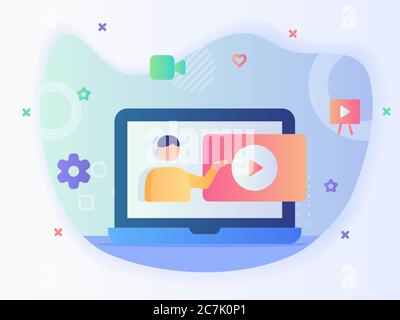 Tutorial Onscreen online video tutorial concept with laptop and player notes with modern ...