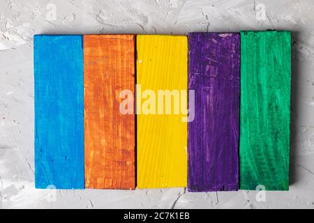 colorful wooden blocks, kids cubes. Top view Stock Photo