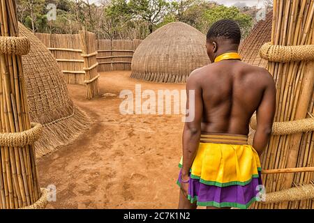 Traditional dancers at cultural Swazi show at Swazi village Matsamo, Southern Africa, Swaziland, Hhohho, Mbabane Stock Photo