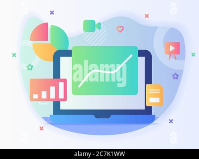 Graph curve on laptop screen background of pie chart camera video business presentation concept with flat style. Stock Vector