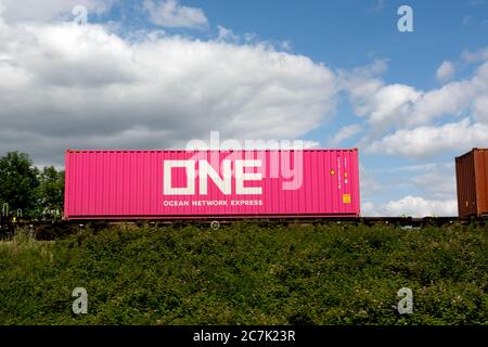 One Container Train ONE shipping container on a freightliner train, Warwickshire, UK Stock ...