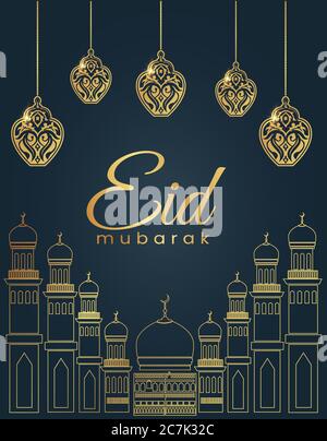 Eid Mubarak Design Background. Vector illustration for Greeting card, poster and banner,mosque outline with hanging lantern. vector illustration. Stock Vector