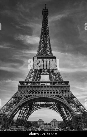 PARIS, FRANCE - Jun 17, 2017: Beautiful view of famous Eiffel Tower in Paris, France. Paris Best Destinations in Europe. Black and white photo with dr Stock Photo