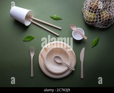 Zero waste eating utensils. Overhead shot with copy space. Stock Photo