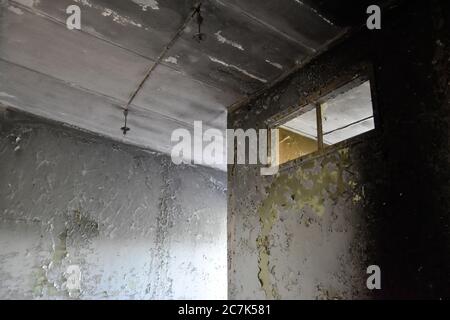 Burned building hall with window. Stock Photo