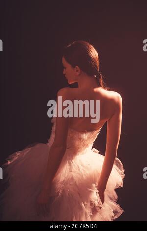 Ballerina. Silhouette photo of a young ballet dancer dressed in a long white dress. Stock Photo