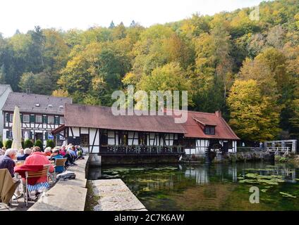 Blaubeuren, Baden-Württemberg, Germany, The Blautopf with the historic hammer mill in the half-timbered town of Blaubeuren Stock Photo