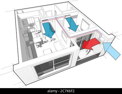Perspective cut-away diagram of a 1-bedroom apartment, completely furnished with 2x indoor wall air conditoner and external unit situtead on the balco Stock Vector