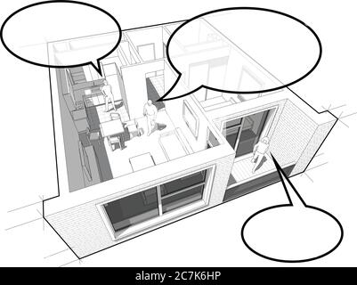 Perspective cut away diagram of a one bedroom apartment completely furnished with people with speech bubbles Stock Vector