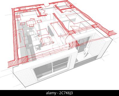 Perspective cut-away diagram of a  one bedroom apartment completely furnished with red hand drawn architectural floorplan Stock Vector