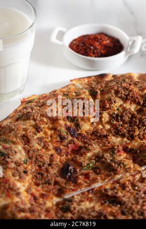 Traditional delicious Turkish foods; Turkish Lahmacun. Stock Photo