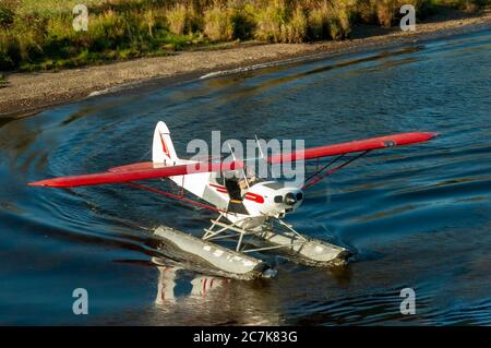 Fairbanks, Alaska - September 01, 2010: Closeup of pontoon plane on the Chena River. Stock Photo