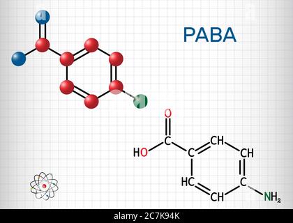 4-Aminobenzoic acid, p-Aminobenzoic acid, PABA molecule. It is essential nutrient for some bacteria and member of vitamin B complex. Sheet of paper in Stock Vector
