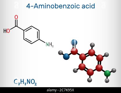4-Aminobenzoic acid, p-Aminobenzoic acid, PABA molecule. It is essential nutrient for some bacteria and member of vitamin B complex. Structural chemic Stock Vector