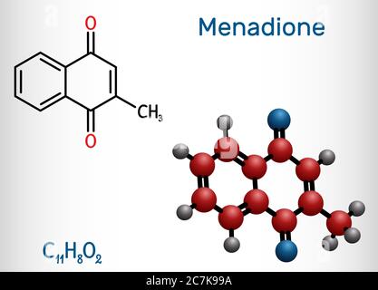 Menadione, menaphthone, provitamin molecule. It is called vitamin K3.  Structural chemical formula and molecule model. Vector illustration Stock Vector