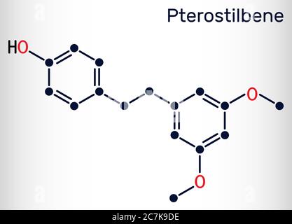 Pterostilbene, stilbenoid molecule. It has a role as metabolite, antioxidant, antineoplastic agent, neurotransmitter. Skeletal chemical formula. Vecto Stock Vector