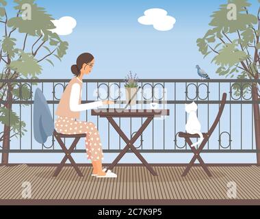 The concept of remote work during quarantine due to a virus. Cute girl in beautiful pajamas with hearts sits on balcony and works on a laptop.White ca Stock Vector