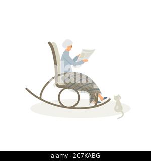 Elderly cute woman is sitting in a rocking chair.Old lady covered her feet with checked woollen plaid.Cartoon granny is reading newspaper in a comfort Stock Vector