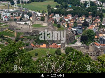 aerial view on the medieval castles and the historic center of Bellinzona, Ticino, Switzerland Stock Photo