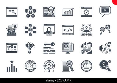 Seo Glyph Related Icons Set on White Background. Stock Vector