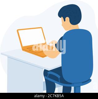 Young guy sits at a table and works at a laptop, man using computer laptop, freelancer or office worker. Vector illustration in a flat style Stock Vector