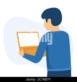 Young guy holding a laptop, man using computer laptop. Vector illustration in a flat style Stock Vector