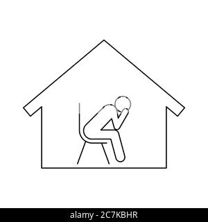 Sad man in house line icon. Self isolation during Covid-19 pandemic. Coronavirus quarantine anxiety and depression. Stickman figure sits. Vector Stock Vector