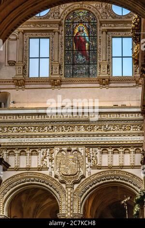 A stained glass window of the Sacred Heart of Jesus Christ in the Grand Chapel and High Altar of the former Mosque-Cathedral of Cordoba. Stock Photo