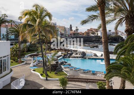 Seawater swimming pool of Lago Martianez, designed by Cesar Manrique, Puerto de la Cruz, Tenerife, Canary Islands, Spain Stock Photo