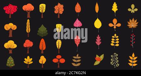 Set of cute colorful autumn leaves and berries. Yellow, orange, red, brown colors. Isolated on black background. Simple cartoon flat style. vector Stock Vector