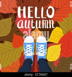 Hello autumn color illustration. Person feet standing in sneakers on yellow, red, green fallen leaves. Hand drawn lettering. Early fall postcard. Walk Stock Vector