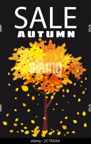 Autumn Sale, template background tree with falling leaves, yellow, orange, brown, fall, lettering, poster, banner, vector, isolated Stock Vector