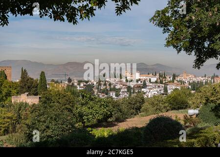 A view of Granada's Albaicin quarter with the bell towers of Iglesia de San Nicholas, Parroquia de Nuestro Salvador and Iglesia de San Cristóbal. Stock Photo