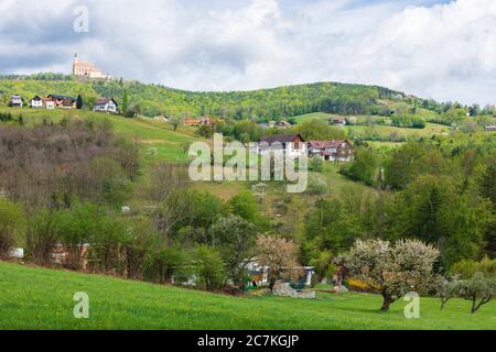 Pöllauberg, pilgrimage church Maria Pöllauberg at mountain, farm houses, blooming fruit trees, Steirisches Thermenland - Oststeiermark, Steiermark / Styria, Austria Stock Photo