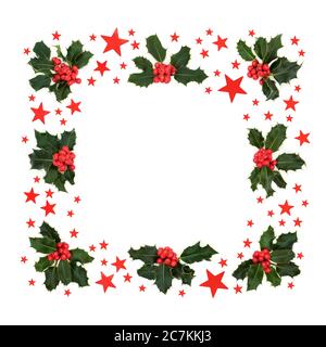 Square star & red holly berry wreath on white background with copy space. Abstract winter, Christmas & New Year design & border for the festive season Stock Photo
