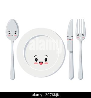 Cute white plate with spoon, knife and fork emoji set isolated on a white background. Stock Vector