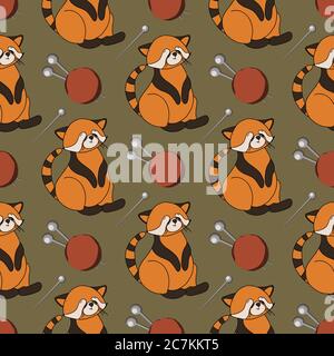 Autumn pattern with animals. Red panda character. Acorns. Autumn background. Print for children's textiles and fabrics. Cute animals. Vector Stock Vector