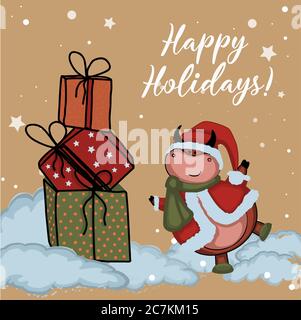 The bull is the symbol of 2021. Happy Holidays postcard. Cute illustration of an ox in a santa costume Stock Vector