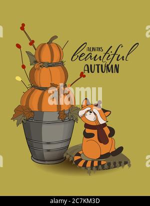 red panda, falling leaves, cozy food, nuts, mushrooms and pumpkin. Scrapbook collection of autumn season elements. Bright set for harvesting. Autumn Stock Vector