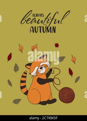red panda, falling leaves, cozy food, nuts, mushrooms and pumpkin. Scrapbook collection of autumn season elements. Bright set for harvesting. Autumn Stock Vector