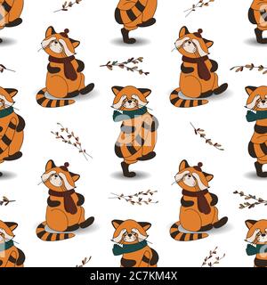 Autumn pattern with animals. Red panda character. Acorns. Autumn background. Print for children's textiles and fabrics. Cute animals. Vector Stock Vector