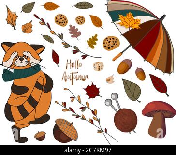 Vector set of autumn icons: red panda, falling leaves, cozy food, nuts, mushrooms and pumpkin. Scrapbook collection of autumn season elements. Bright Stock Vector