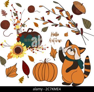 Set of cute autumn cartoon characters, plants and food. Fall season. Collection of scrapbook elements for party, harvest festival or Thanksgiving day Stock Vector