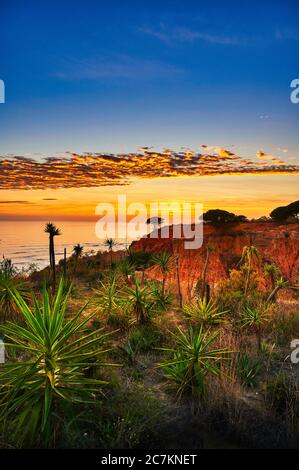 Europe, Portugal, Algarve, Litoral, Barlavento, District Faro, between Vilamoura and Albufeira, Olhos de Agua, sunset on the cliff, portrait format Stock Photo