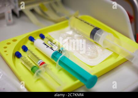 Anesthetics, syringes, tray Stock Photo