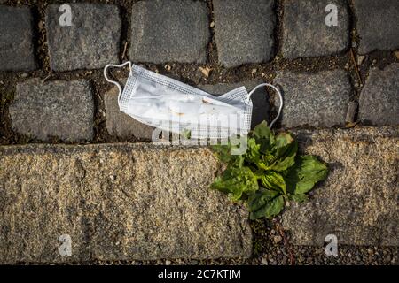 Germany, Bavaria, Eichstatt, discarded mouth-nose guard on the roadside. Stock Photo