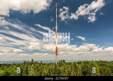 Huge telecommunications broadcasting tower on the Raichberg in Southern Germany Stock Photo