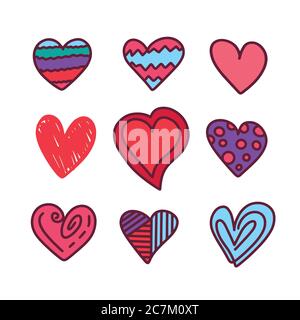 Set of nine hand drawn heart. Handdrawn rough marker hearts isolated on white background. Vector illustration for your graphic design Stock Vector